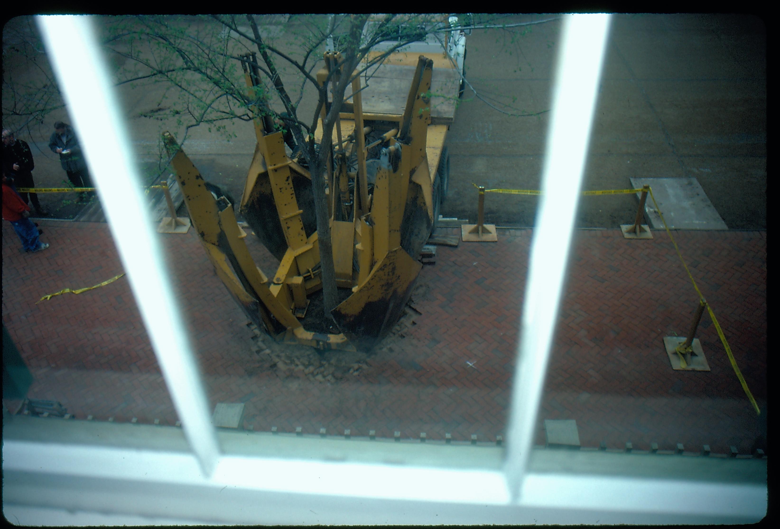 Elm tree replacement - Pleasant Nursery beginning removal of tree as seen from upstairs front hall in Lincoln Home. Reporters talk to City Arborist Mike Dirksen's son on far left. Looking West from Lincoln Home Elm tree, Lincoln Home, brick plaza, reporters, Pleasant Nursery, 8th Street