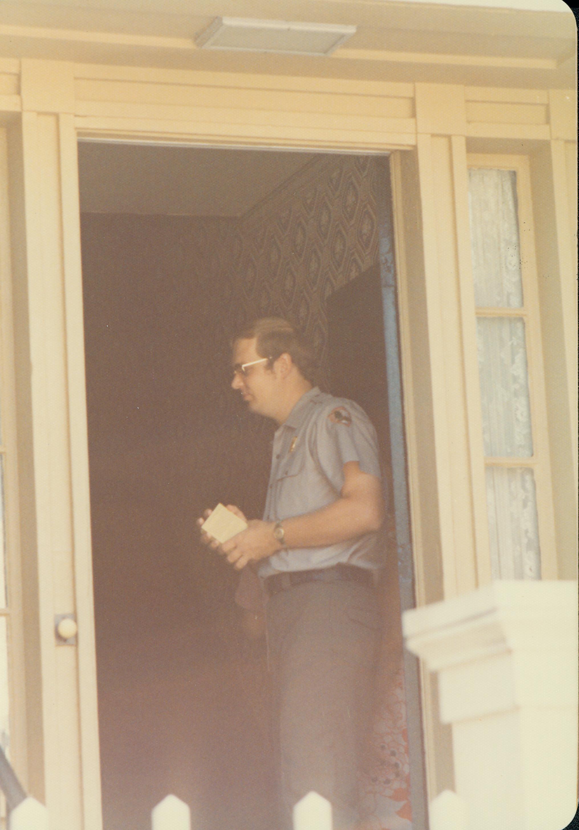 Bill Bartelt at front door of Lincoln Home Class 8, Pic. 34 Interpretive Staff, 1973