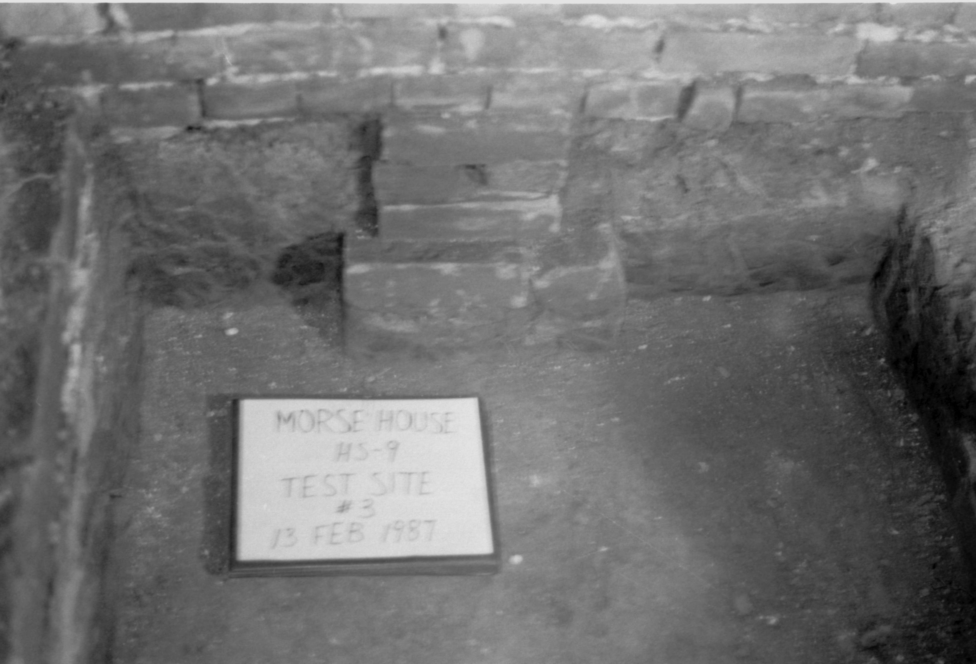 Morse House HS-9 Test Site #3. Brick foundation and basement floor, with test pit and id plaque in foreground.