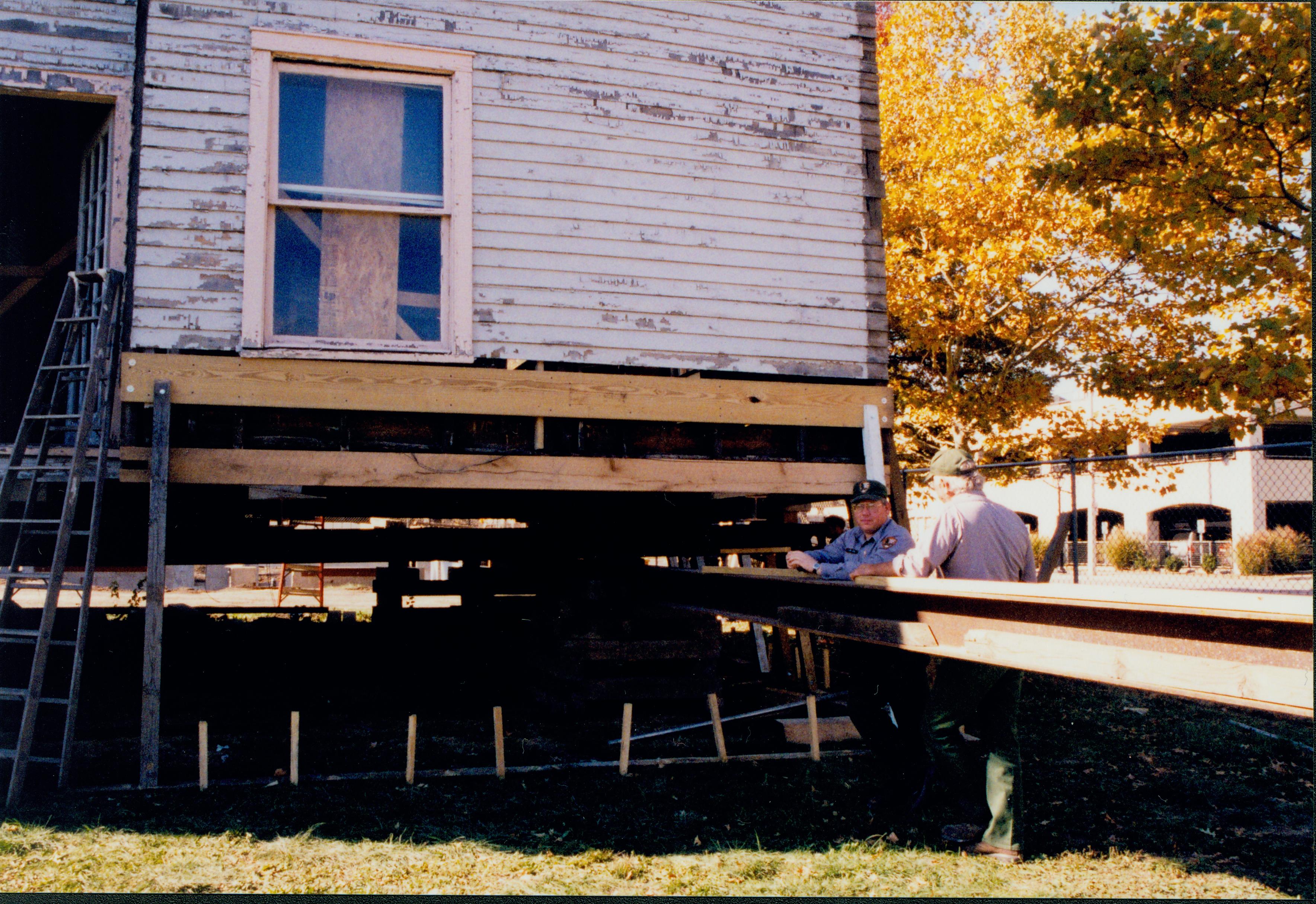 Morse - East side of house showing new sill beam (Charlie and Mike) 18; 1999-12 Morse House, Exterior