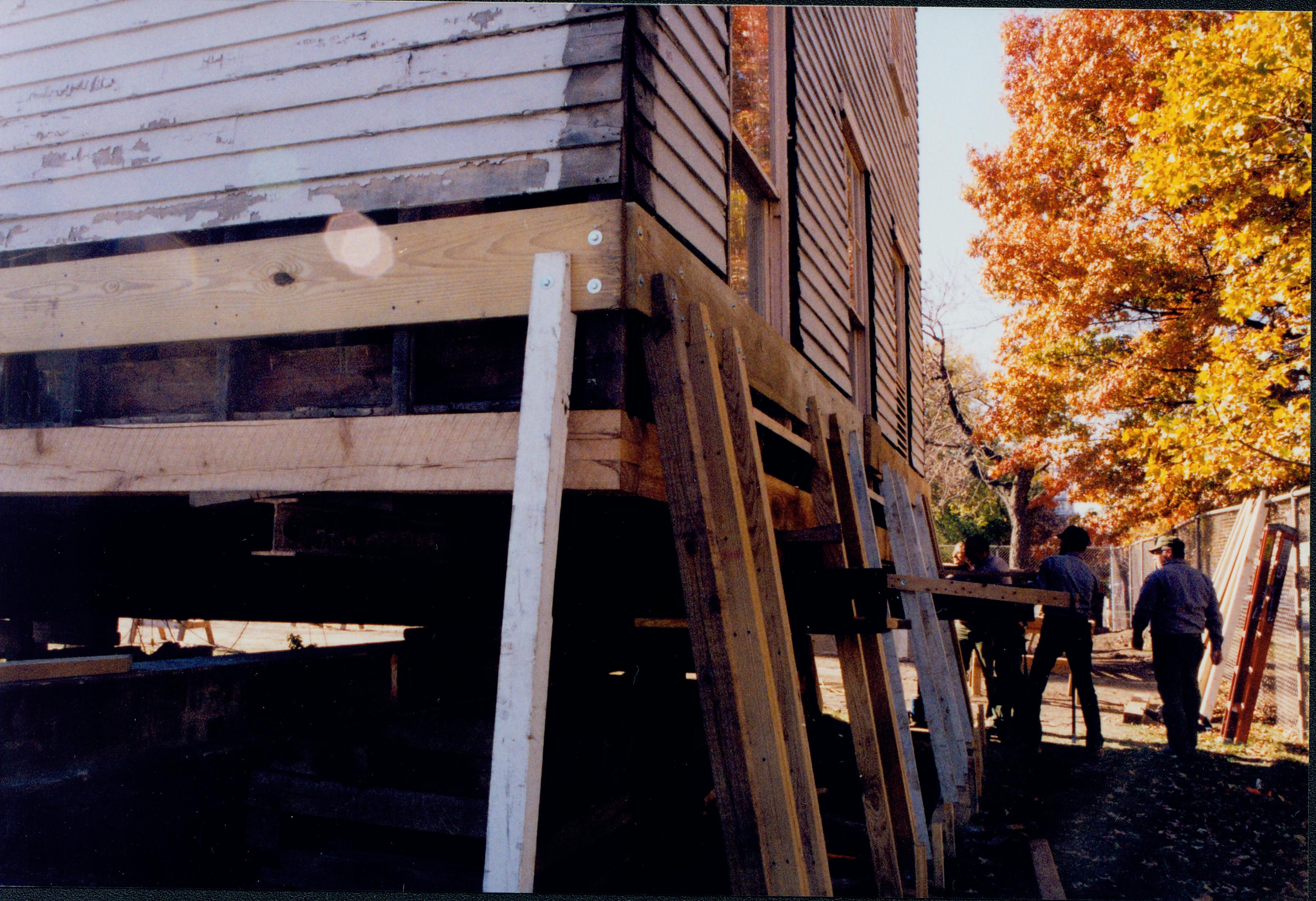 Morse - NE corner of house sill beam and shoring (Doug and Mike) 19; 1999-12 Morse House, Exterior