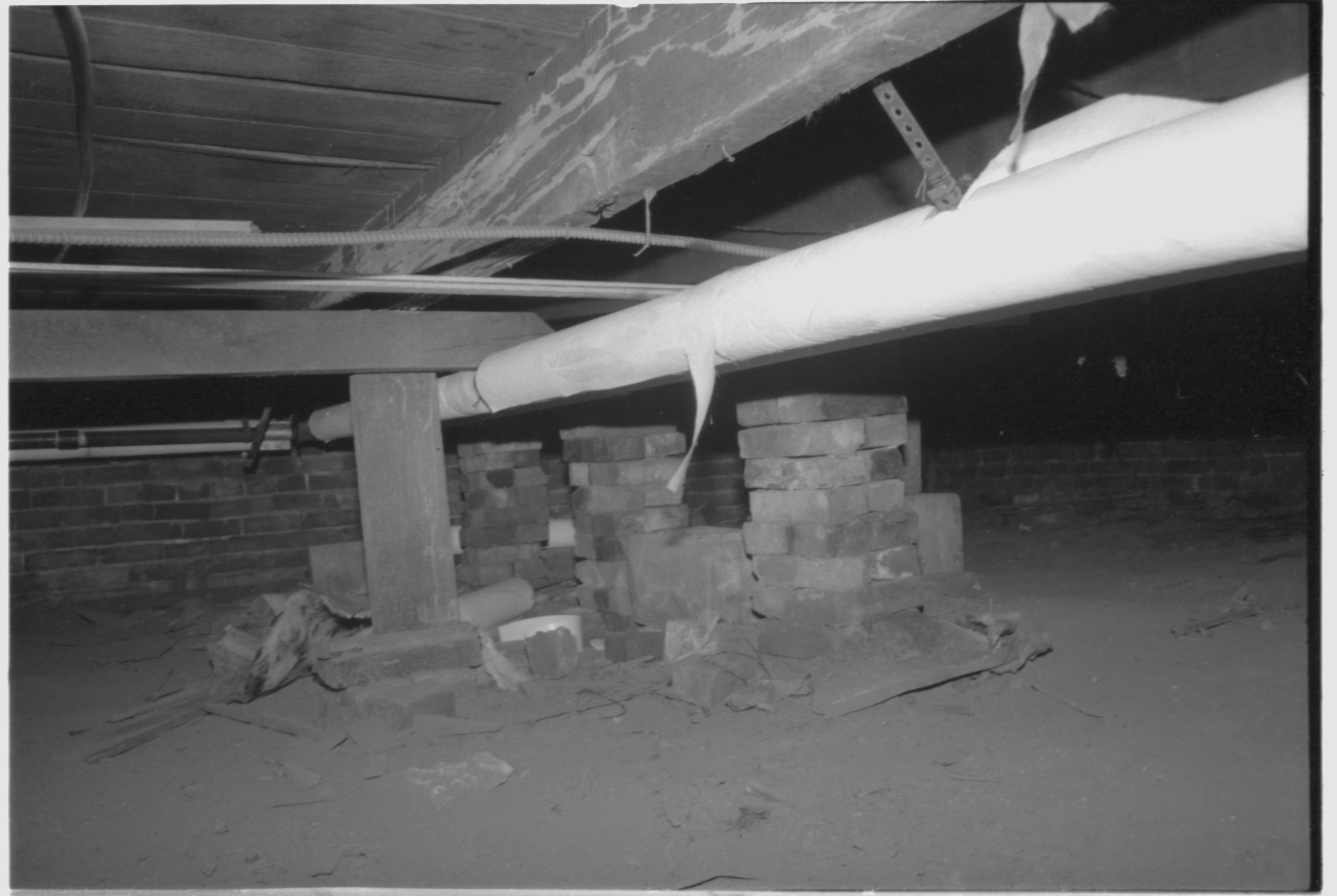 brick piers view NE and termite damage Morse House, LIHO-NHS, Frame #14, Neg. File #12 Morse House, Interior, Renovation