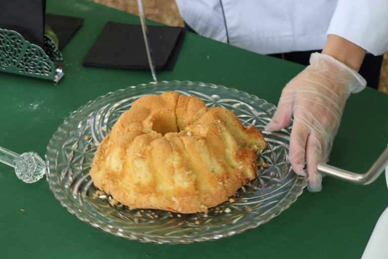 A close up look at the prepared White Almond cake, based off of a recipe used by Mrs. Lincoln. Part of History Cooks for History Comes Alive, Chef Jolene Lamb, demonstrates how to make Mrs. Lincoln's famous White Almond cake. History Cooks is a partnership between Lincoln Home, Lincoln Land Community College/Jay Kitterman and Springfield Convention and Visitor's Bureau.